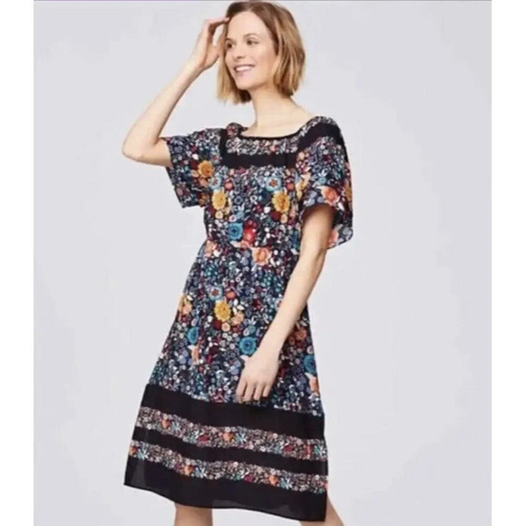 Ann Taylor Loft Black Floral Off Shoulder Dress Women's Sz Small Petite Boho - Picture 1 of 12